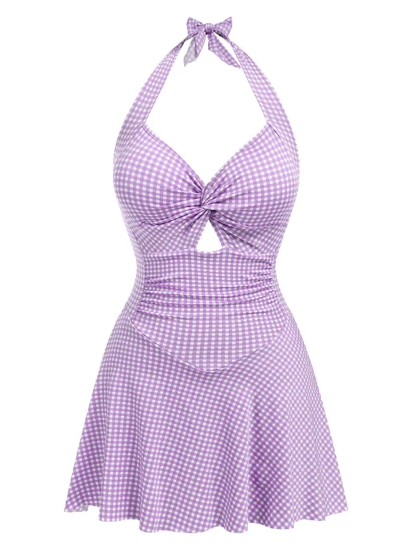 Purple 1930s Plaid Halter One-Piece Swimsuit