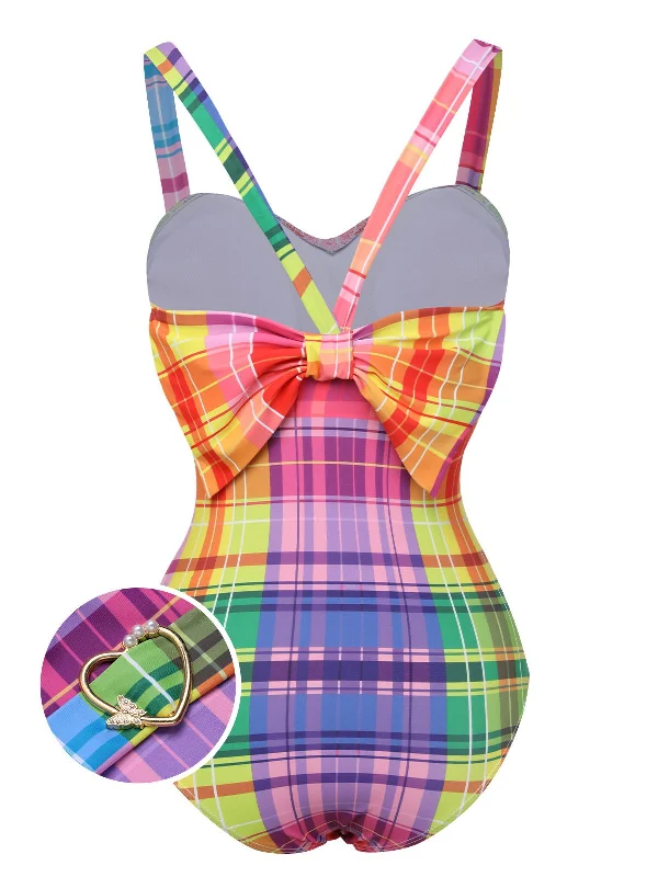 Multicolor 1970s Rainbow Plaid Bow Swimsuit