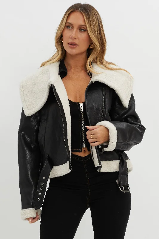 Aviatrix Faux Leather Sherpa Jacket Black