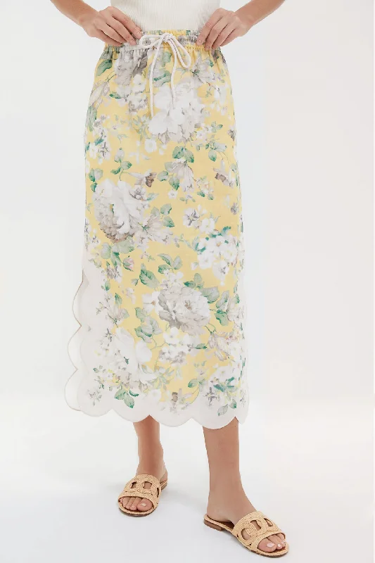 Yellow Floral Acacia Scallop Midi Skirt