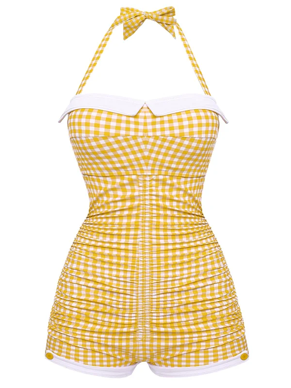 Gingham 1950s Halter Bowknot One-piece Swimsuit