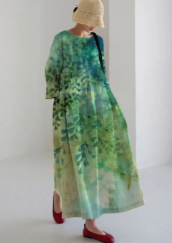 Gradient Green Leaves Dresses Pockets Patchwork Summer