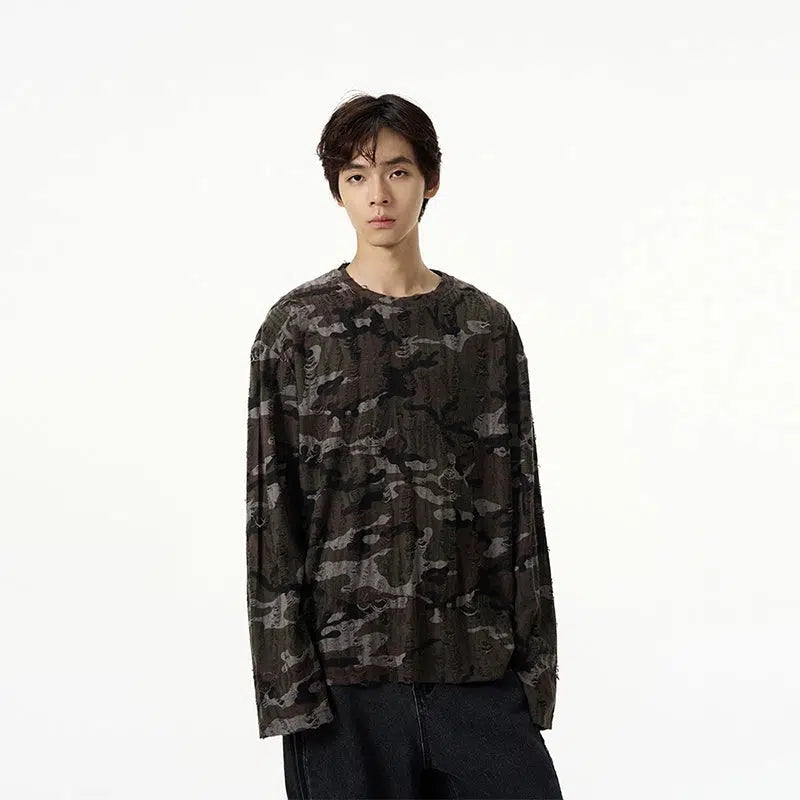 Ripped Camouflage Long-sleeved Pullover