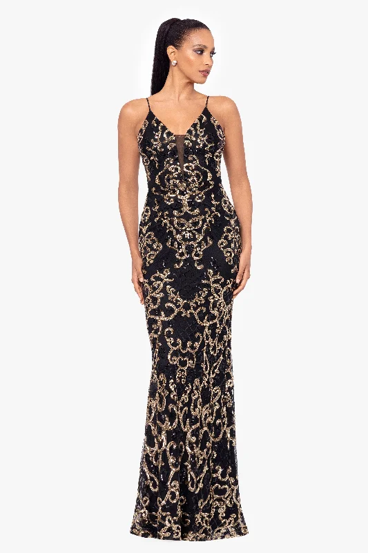 "Jolene" Long Sequin Placement Spaghetti Strap Floor Length Dress