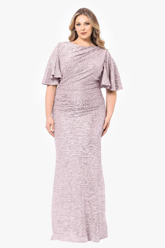 Plus "Demetria" Long Metallic Flutter Sleeve Dress