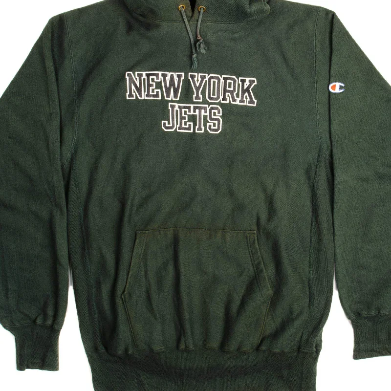 VINTAGE CHAMPION REVERSE WEAVE NFL NEW YORK JETS HOODIE SWEATSHIRT 1990-MID 1990S SIZE XL MADE IN USA