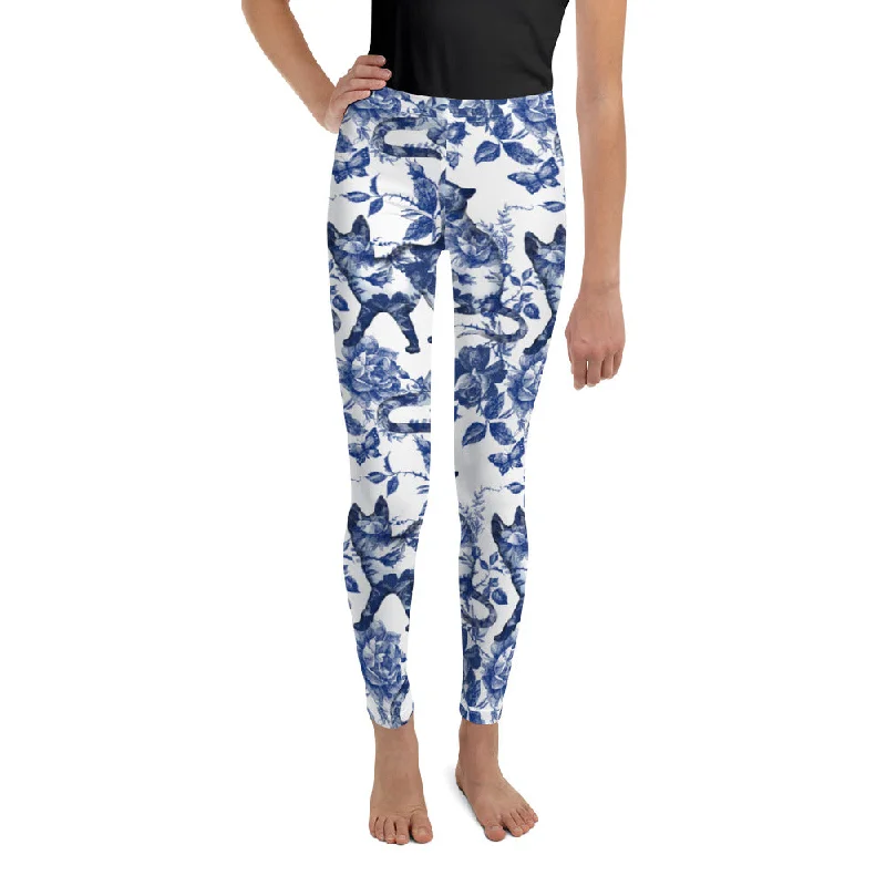 Floral Porcelain Cats Youth Leggings