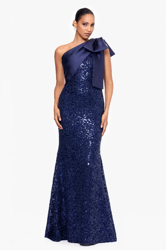 "Marcia" Long Sequin Lace Dress with Satin Bow