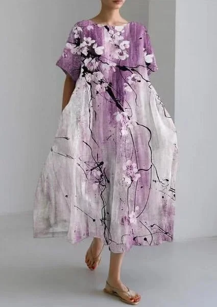 Purple Flower Cotton Dresses Pockets Patchwork Summer