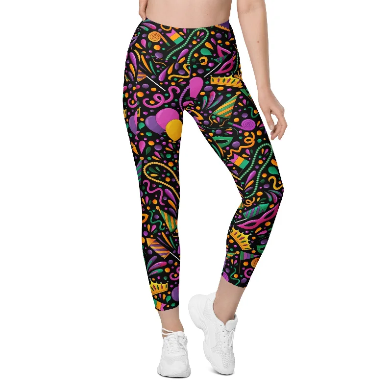 Mardi Gras Masks & Beads Party Leggings With Pockets