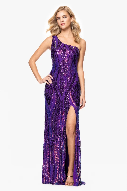 "Terri" Long Placement Sequin One Shoulder Dress