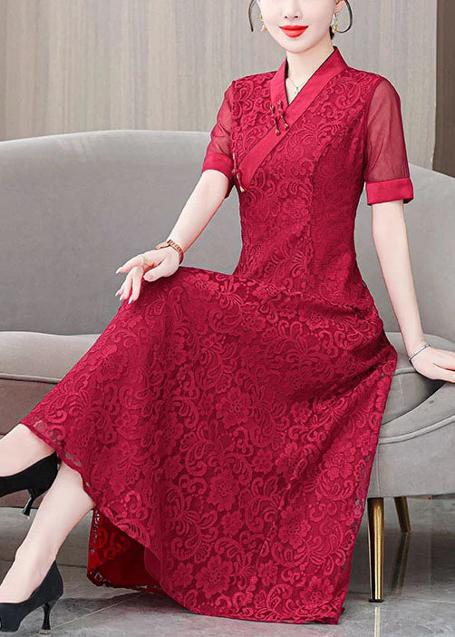 Fine Red V Neck Lace Embroidered Long Dresses Summer