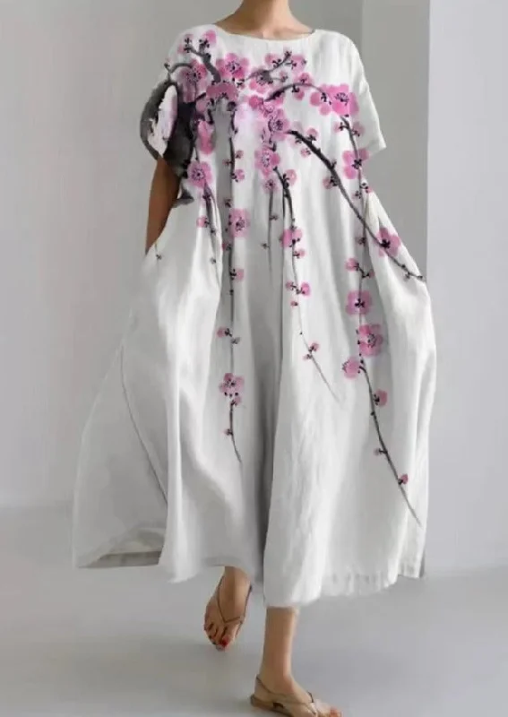 Light Pink Plum Flowers Cotton Dresses Pockets Patchwork Summer