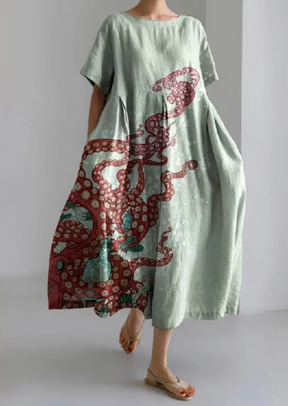 Green Octopus Dresses Pockets Patchwork Summer