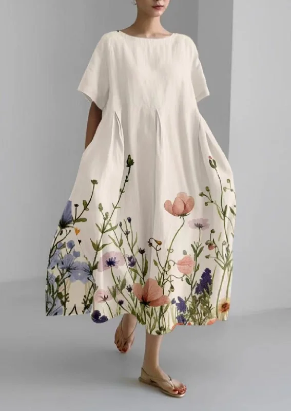 White Flowers Cotton Dresses Pockets Patchwork Summer