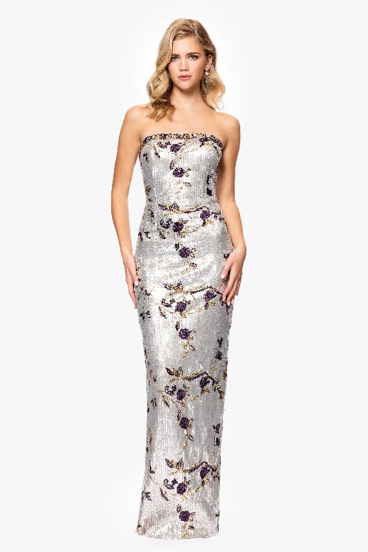 “Mallory” Strapless Floral Sequin Floor Length Dress