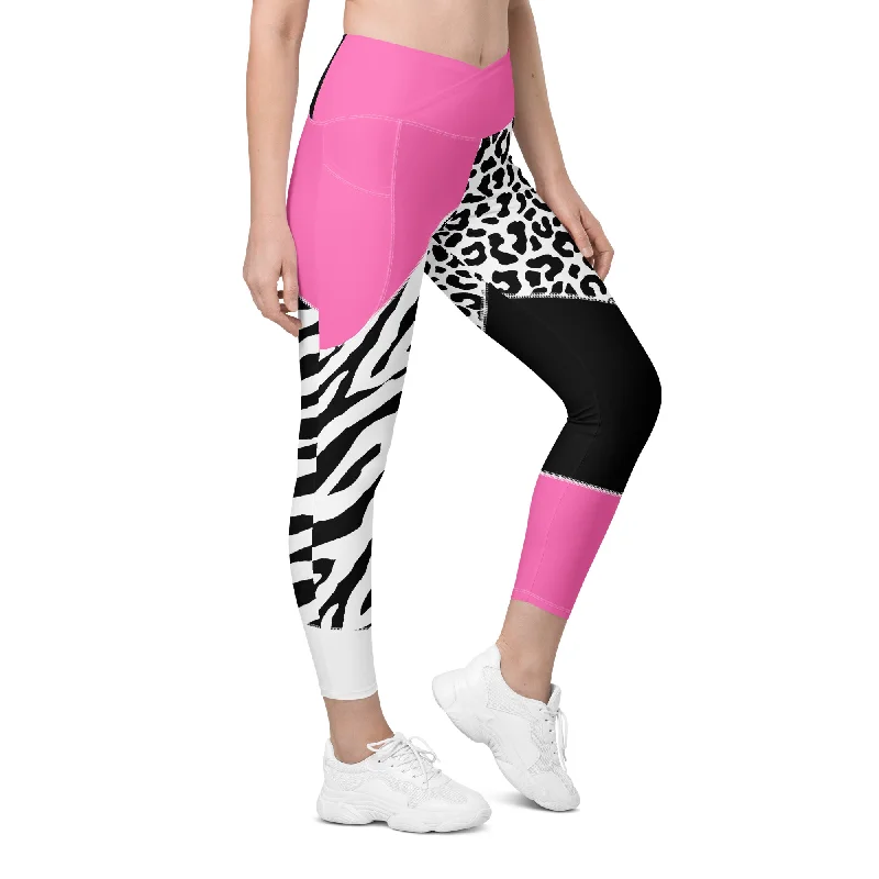 Leopard Color Block Crossover Leggings With Pockets