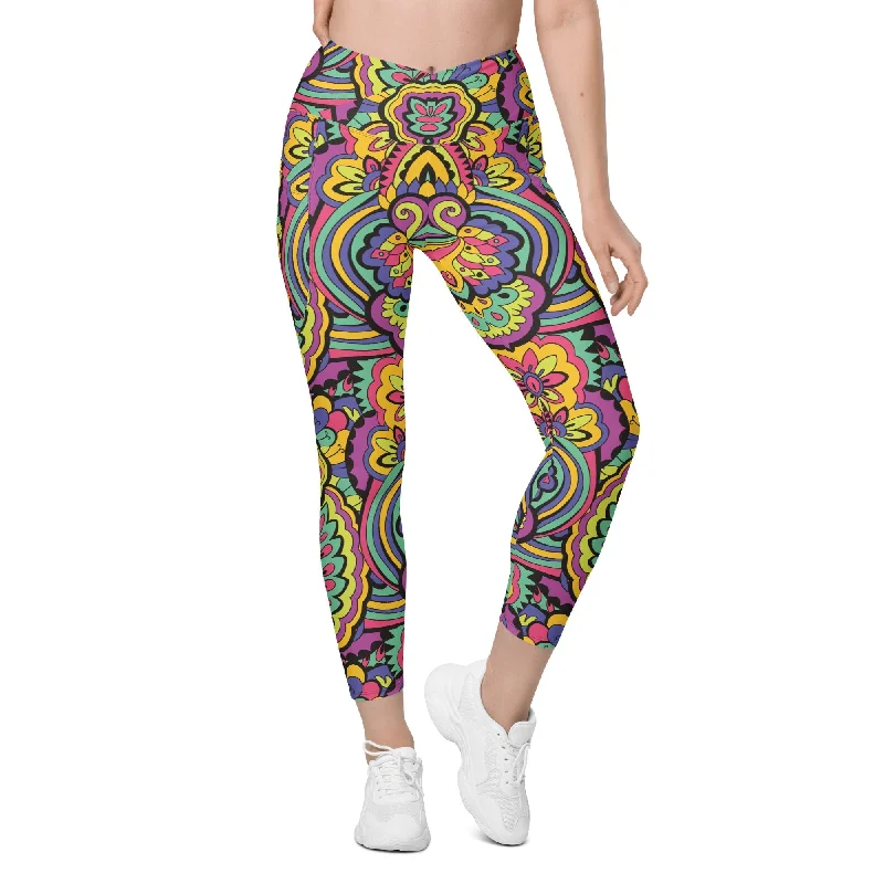 Colorful Fun Pattern Crossover Leggings With Pockets