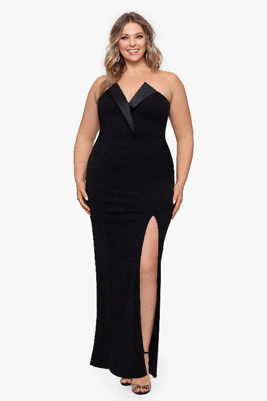 Plus "Violette" Long Strapless V Neck Tuxedo Dress