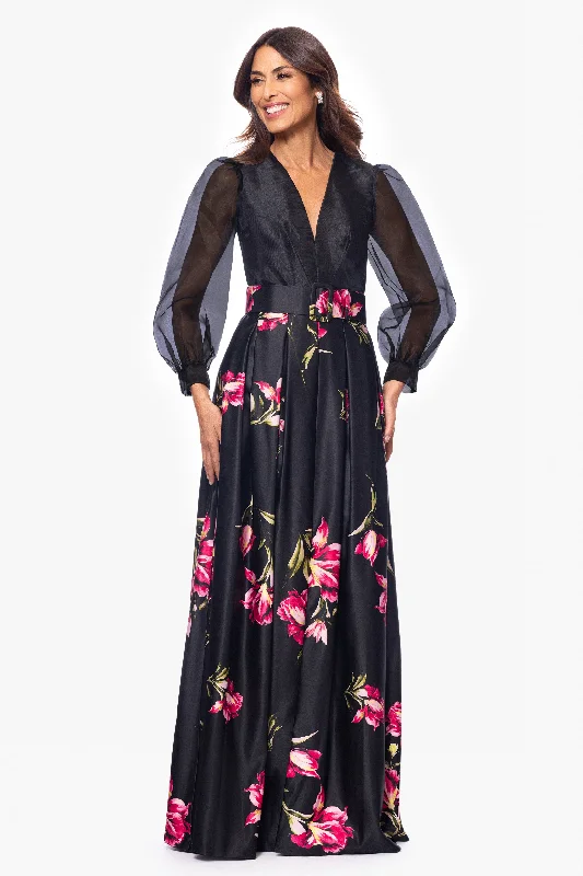 "Coraline" Long Sleeve Satin Print Floor Length Gown