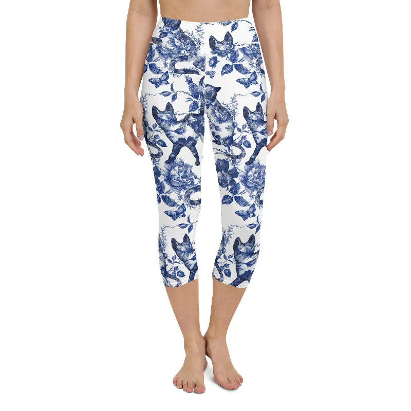 Floral Porcelain Cats Yoga Capris