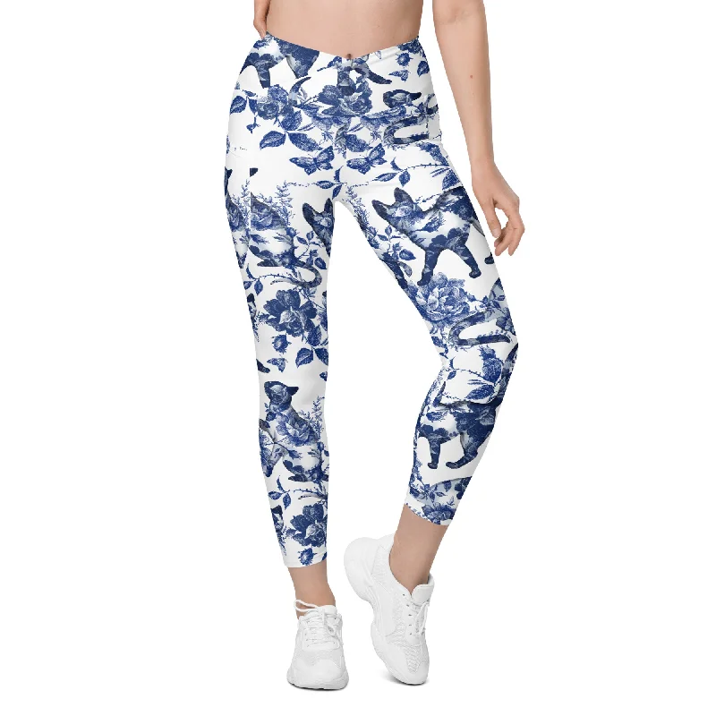 Floral Porcelain Cats Crossover Leggings With Pockets