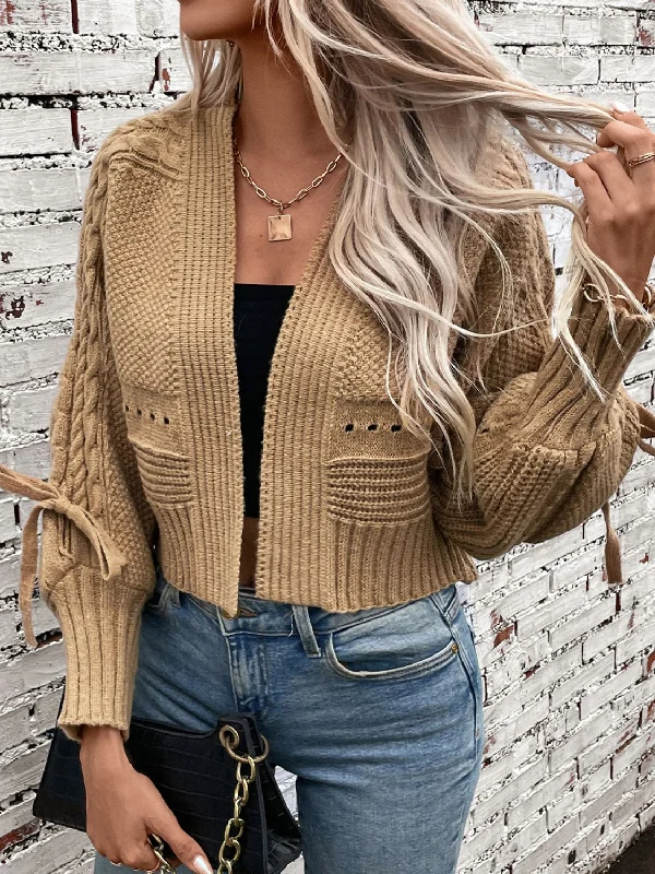 Cable-Knit Tied Open Front Lantern Sleeve Cardigan