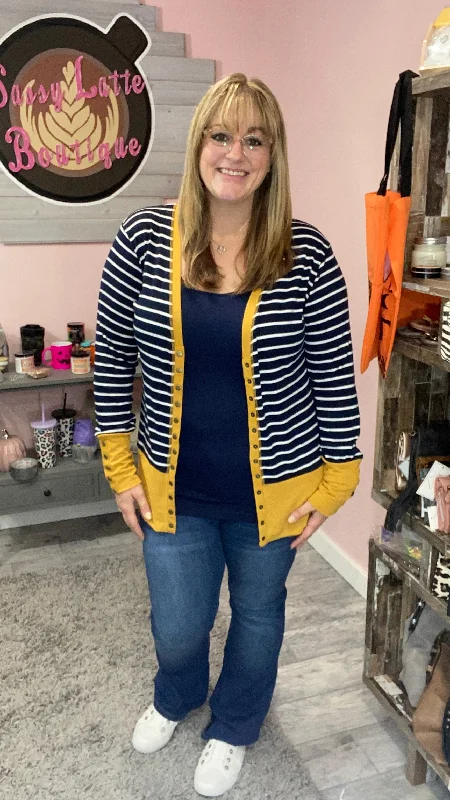 Navy/ Mustard Striped Snap Cardigan