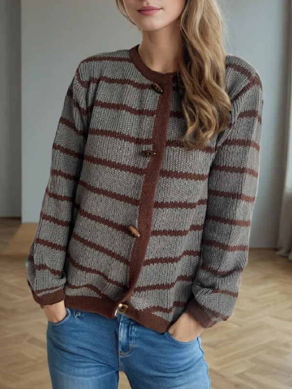 Striped Round Neck Long Sleeve Cardigan